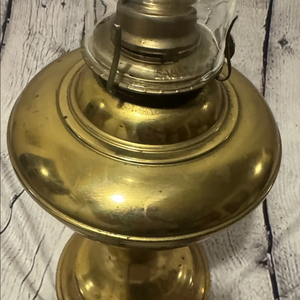 VTG Metal Oil Lamp, Glass Chimney Etching of Torches & Laurel Wreaths in white